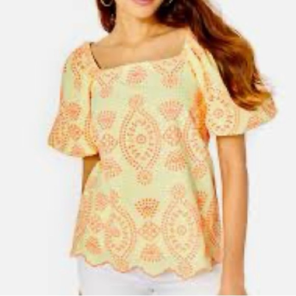Lilly Pulitzer Lettie Eyelet Seersucker Top Yellow Neon Coral Puff Sleeves L - Picture 2 of 11